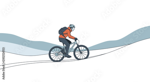 Active person riding a bicycle over a rolling terrain enjoying outdoor recreational activity and winter sport adventure during daytime on a clear day with an open sky and snow covered ground