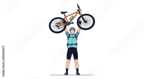 Fit male athlete triumphantly holds cycling vehicle overhead wearing athletic apparel and helmet signifying achievement and victory in outdoor sports and active lifestyles celebrating successful