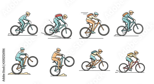 Series of eight action packed illustrations depicting a person performing various extreme cycling stunts and maneuvers on a mountain bicycle outdoors with dynamic movement and athletic