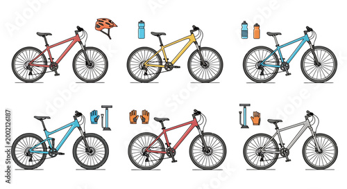 Collection of six differing mountain bicycles displayed with riding accessories including helmets water bottles gloves and pumps showcasing various color options and designs for outdoor