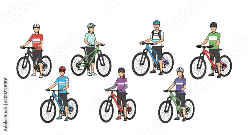 Diverse Group of People Enjoying Outdoor Recreation Assembled With Their Mountain Bikes Ready For Trail Adventures Diverse Riders Ready For Cycling Fun On Various Bike Types and Outfit Styles