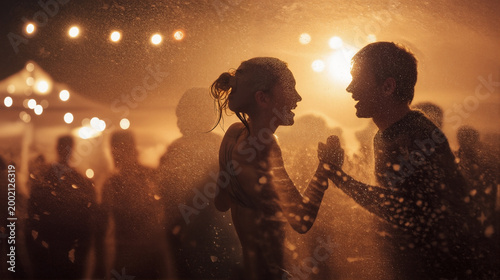 Silhouette of a joyful couple dancing together at an outdoor party with glowing lights and crowd in the background on a rainy night