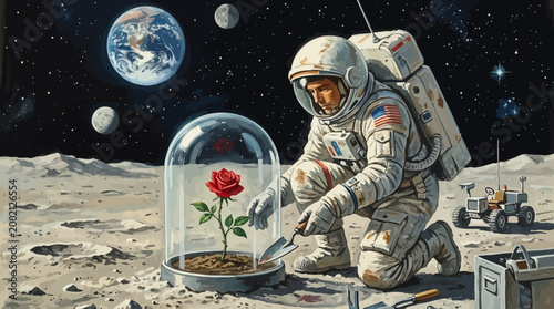 A dedicated astronaut on the lunar surface carefully cultivates a beautiful red rose beneath a protective glass dome.