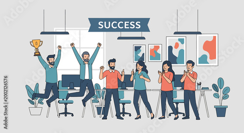 A diverse group of happy office workers celebrating a successful achievement with a trophy and applause in a modern workspace.