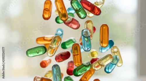 An assortment of colorful translucent medicine capsules in various hues falling and scattering, representing healthcare, wellness, and pharmaceutical solutions.