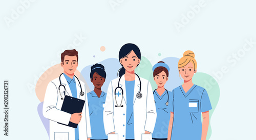 A diverse group of medical professionals, including doctors and nurses, stand together, showcasing teamwork and dedication in healthcare.