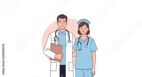 A male doctor in a white coat and a female nurse in blue scrubs stand together, both wearing stethoscopes and smiling.