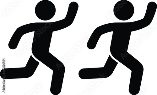 Two stylized figures running in opposite directions on a plain background