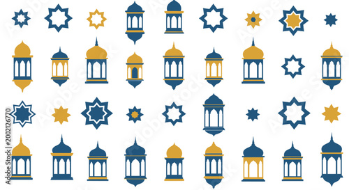 A vibrant collection of Islamic lanterns and star patterns in blue and gold, symbolizing Ramadan and Eid celebrations.
