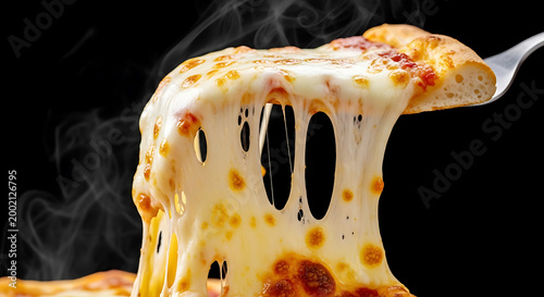 Hot melting cheese stretching from a slice of delicious pizza on a fork