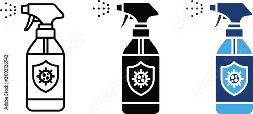 Three variations of spray bottle icons outline silhouette and colored design