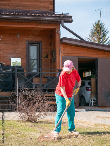Woman gardener raking dry grass on lawn in front of wooden house. Seasonal backyard maintenance and yard work. Spring cleaning concept for landscaping and suburban home improvement.