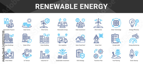 RENEWABLE ENERGY  Icon set collection. Vector icon pack featuring thematic icons for your presentations or business.