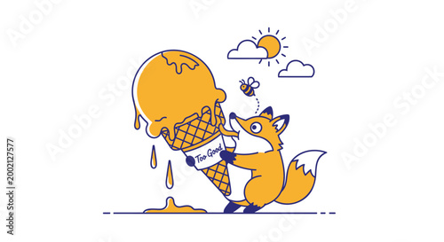 Colorful cartoon fox licking melting ice cream cone, sunny day illustration, vector graphics, summer fun