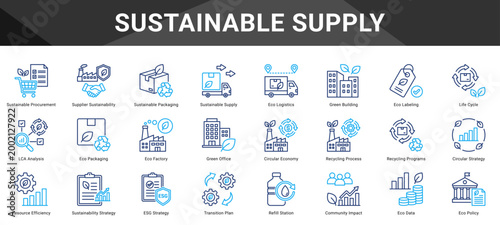 SUSTAINABLE SUPPLY  Icon set collection. Vector icon pack featuring thematic icons for your presentations or business.