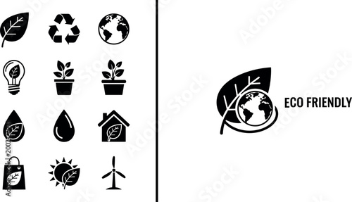 Eco friendly lifestyle icons set with earth and recycling symbols