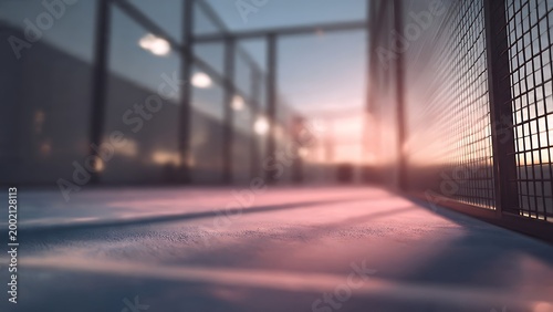 Abstract blurred padel court with warm sunlight and soft gradient tones, creating a modern sports background with copy space.