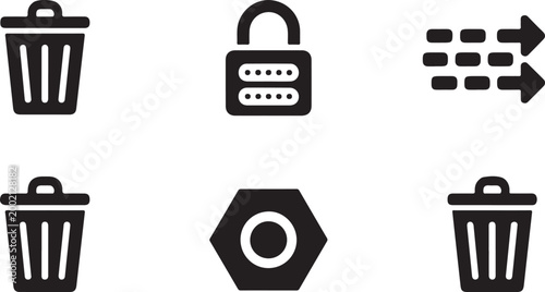 Tableau sur toile Set of black flat icons featuring trash bin lock arrow and hexagonal nut symbols