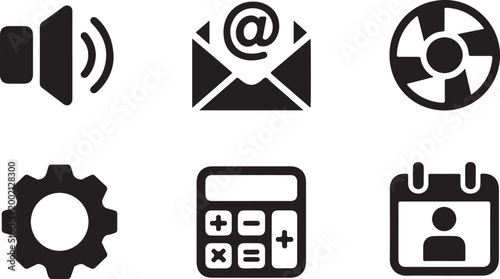 Set of six black flat design user interface icons for web and mobile applications
