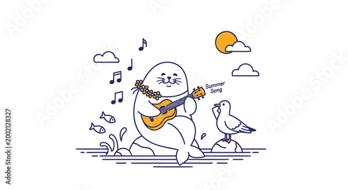 cute cartoon penguin playing guitar, musical penguin illustration, guitar playing animal, fun cartoon scene