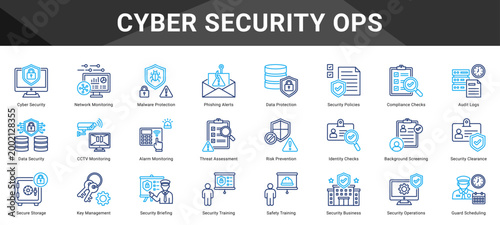 CYBER SECURITY OPS  Icon set collection. Vector icon pack featuring thematic icons for your presentations or business.