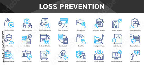 LOSS PREVENTION  Icon set collection. Vector icon pack featuring thematic icons for your presentations or business.
