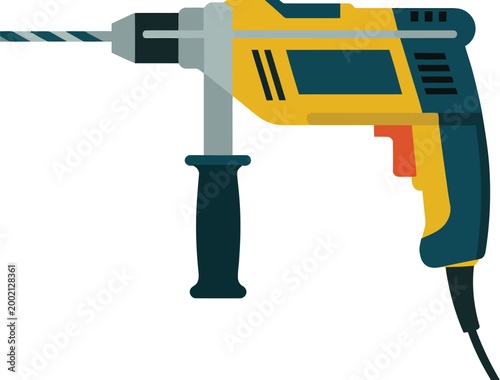 Rotary Hammer Drill with Drill Bit Isolated on White Background Flat Design Vector Illustration