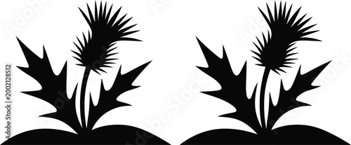 Two stylized black silhouettes of thistle plants growing from small hills.