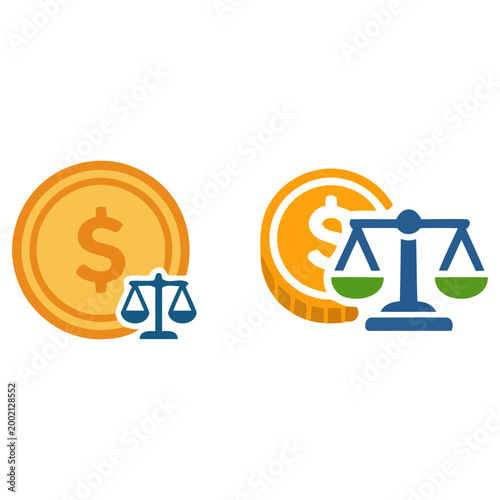Fair Wage and Equal Pay Icon Set, Colorful Flat Vector Stack of Coins with Weight Scale, Concept for Workforce Compensation Fairness and Income Equality