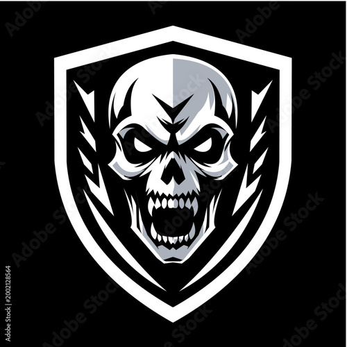 Aggressive Skull Emblem Shield Logo With Fierce Open Mouth And Dark Gothic Style