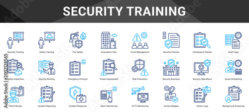 SECURITY TRAINING  Icon set collection. Vector icon pack featuring thematic icons for your presentations or business.