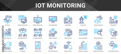 IOT MONITORING  Icon set collection. Vector icon pack featuring thematic icons for your presentations or business.