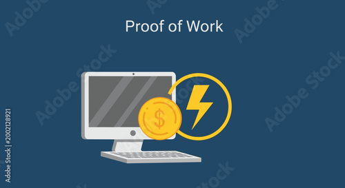 Flat minimalist illustration of proof of work concept crypto bitcoin