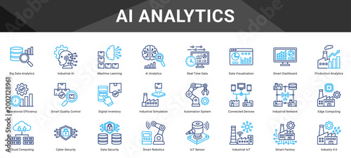 AI ANALYTICS  Icon set collection. Vector icon pack featuring thematic icons for your presentations or business.