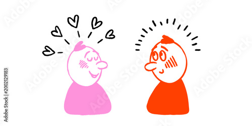 Love and shyness characters with simple faces and hand drawn doodle expression lines showing a gentle emotional interaction in bright colors. Love and shyness expressions with soft line effects