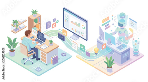 AI Human Collaboration Concept for Future Technology and Business Development with Data Analysis and Coding Illustration