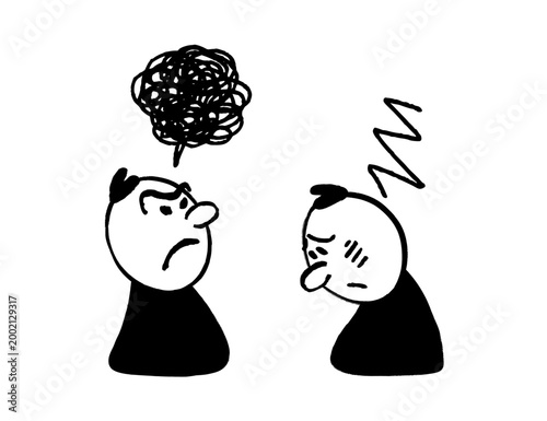 Quadro su tela Cartoon character guilt scene with expressive faces and doodle symbols showing scolding and shame in a simple hand drawn style