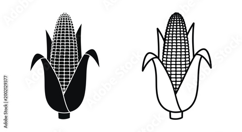 Quadro su tela Corn cob silhouette with husk and leaves silhouette