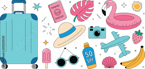 Summer travel and vacation vector set with suitcase airplane camera flamingo float tropical leaves sun hat and beach accessories
