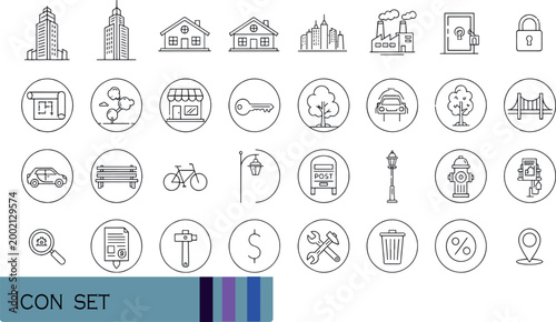 Print Urban City Infrastructure and Residential Real Estate Icon Set