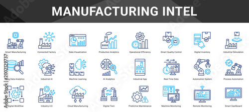MANUFACTURING INTEL  Icon set collection. Vector icon pack featuring thematic icons for your presentations or business.