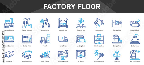 FACTORY FLOOR  Icon set collection. Vector icon pack featuring thematic icons for your presentations or business.