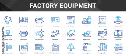 FACTORY EQUIPMENT  Icon set collection. Vector icon pack featuring thematic icons for your presentations or business.