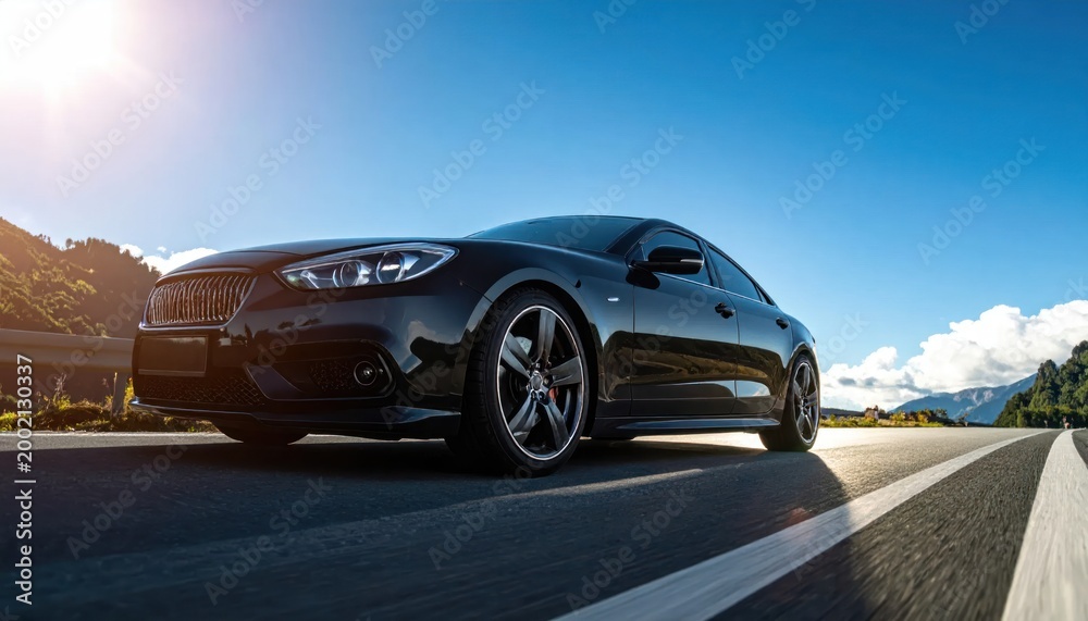 Fototapeta premium Sleek Black Sports Car Driving on Scenic Highway Under Bright Sunny Sky.