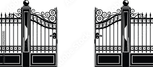 ornate wrought iron gate with decorative swirls and ball finials high quality professional detailed modern elegant stylish clean crisp vibrant colorful