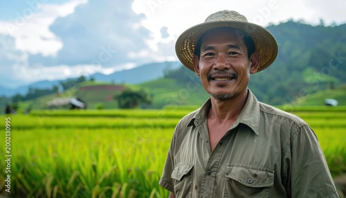 Smiling Asian Farmer in Lush Green Rice Paddies Under Cloudy Sky.