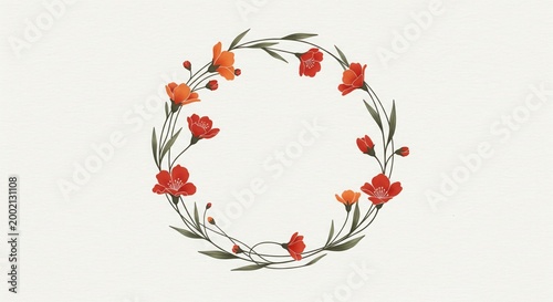 Elegant floral wreath with red and orange flowers on white background