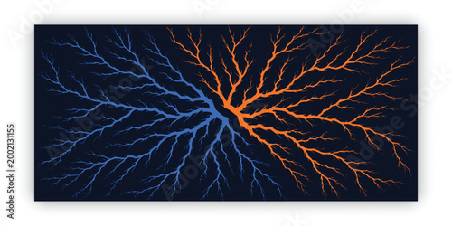 Dual Energy Branch Network – Blue vs Orange Abstract Tree Roots