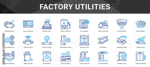 FACTORY UTILITIES  Icon set collection. Vector icon pack featuring thematic icons for your presentations or business.