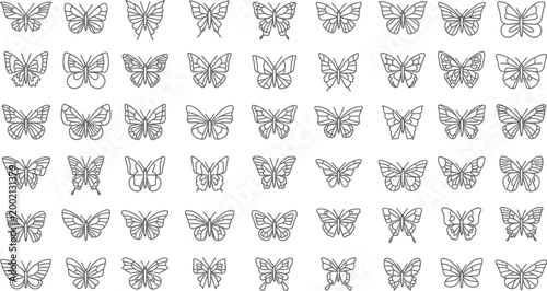 Large collection of varied butterfly sketches arranged in a grid on transparent background.